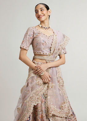 Mohey Women Mauve Purple Floral Lehenga with Peacock Motifs And Aari Embroidery