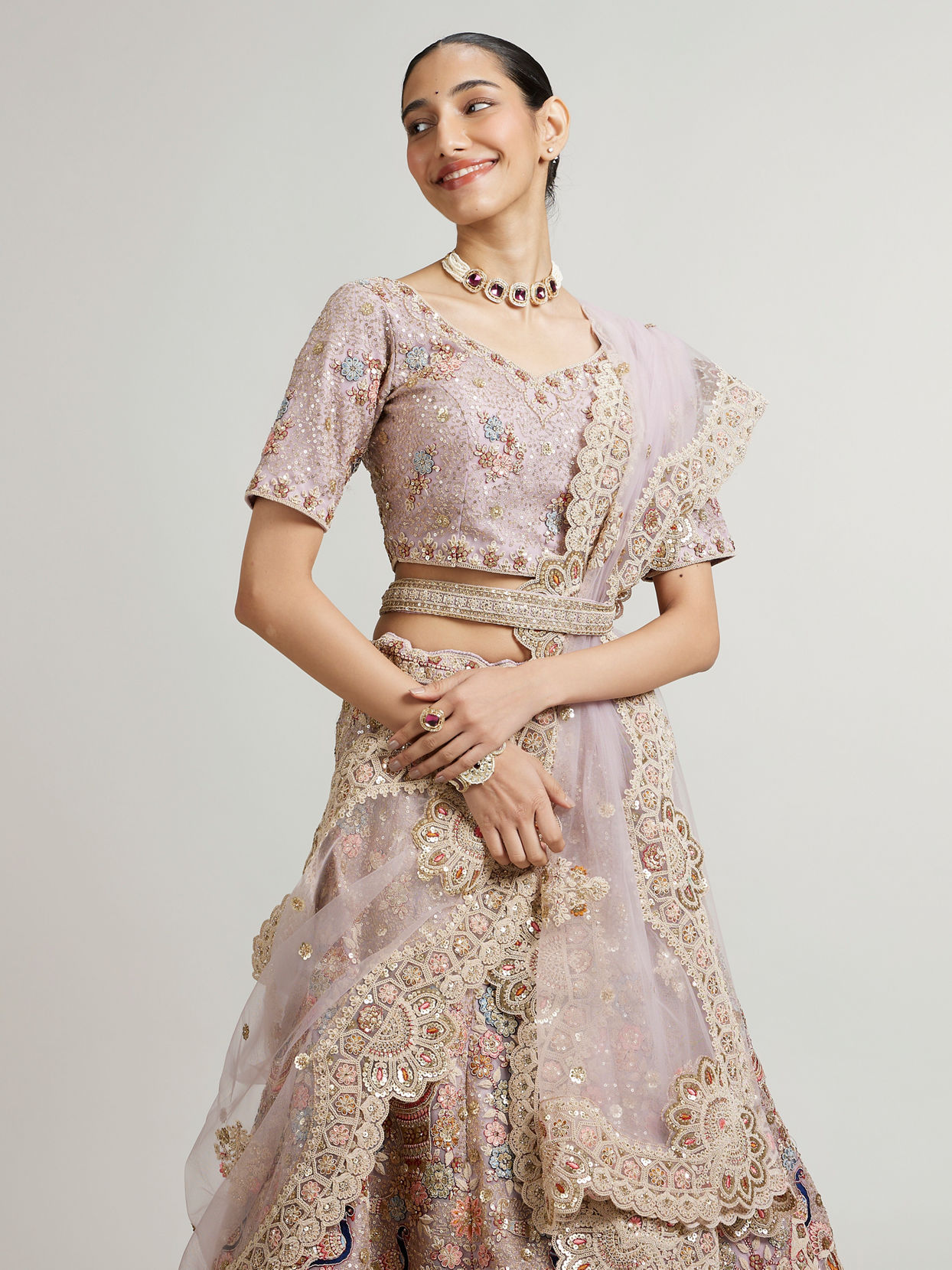 Mohey Women Mauve Purple Floral Bridal Lehenga with Peacock Motifs & Aari Embroidery image number 1