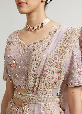 Mohey Women Mauve Purple Floral Bridal Lehenga with Peacock Motifs & Aari Embroidery image number 3