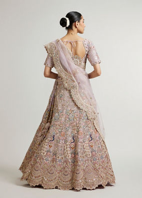 Mohey Women Mauve Purple Floral Bridal Lehenga with Peacock Motifs & Aari Embroidery image number 5