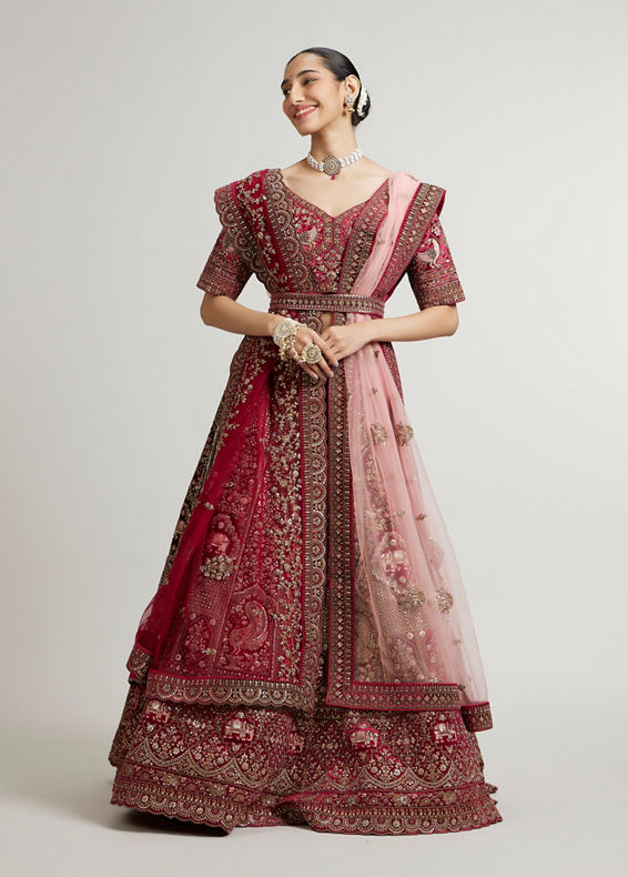 Mohey Women Maroon Red Bridal Aari Embroidered Lehenga with Imperial And Jaali Motifs