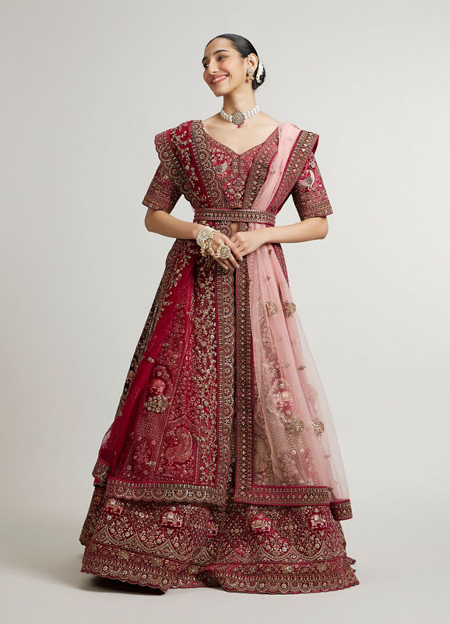 Mohey Women Maroon Red Bridal Aari Embroidered Bridal Lehenga with Imperial & Jaali Motifs image number 0