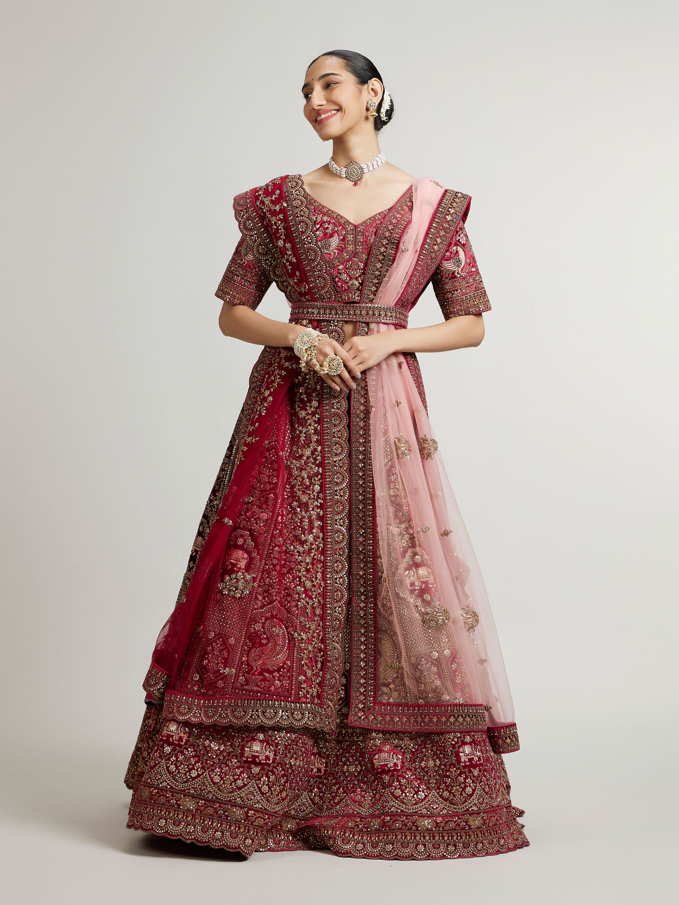 Mohey Women Maroon Red Bridal Aari Embroidered Lehenga with Jaali Motifs