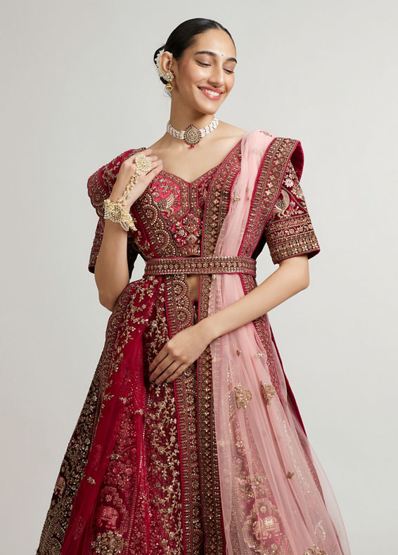 Mohey Women Maroon Red Bridal Aari Embroidered Lehenga with Imperial And Jaali Motifs