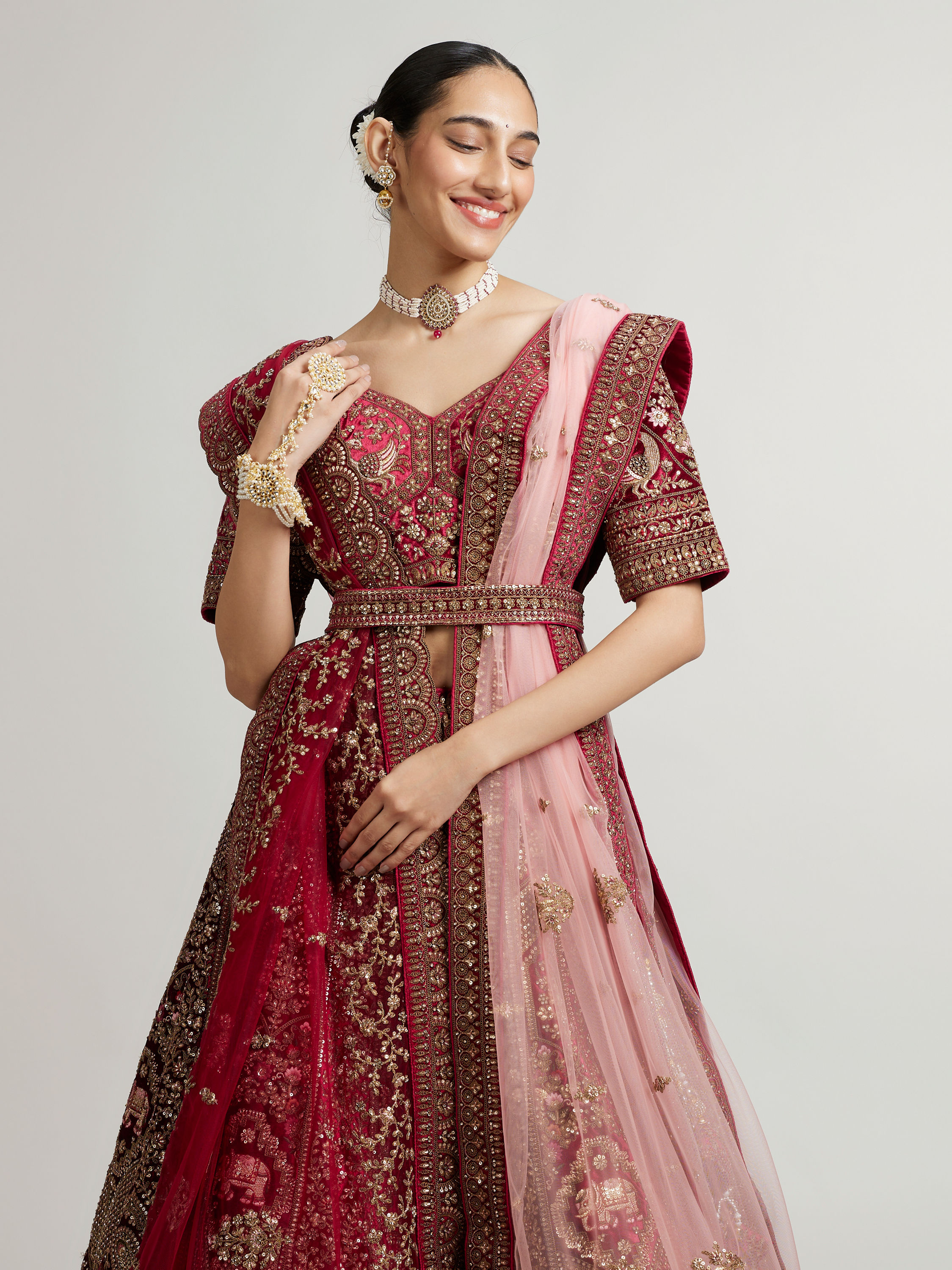 Mohey Women Maroon Red Bridal Aari Embroidered Lehenga with Jaali Motifs