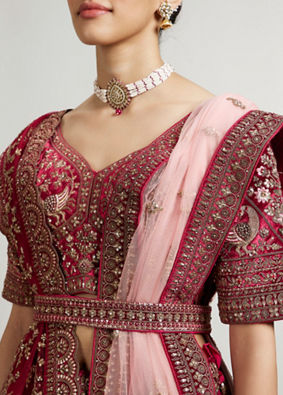 Mohey Women Maroon Red Bridal Aari Embroidered Bridal Lehenga with Imperial & Jaali Motifs image number 3