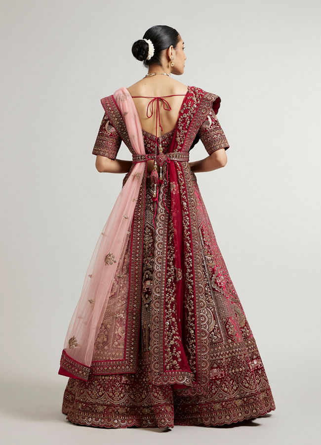 Mohey Women Maroon Red Bridal Aari Embroidered Lehenga with Imperial And Jaali Motifs