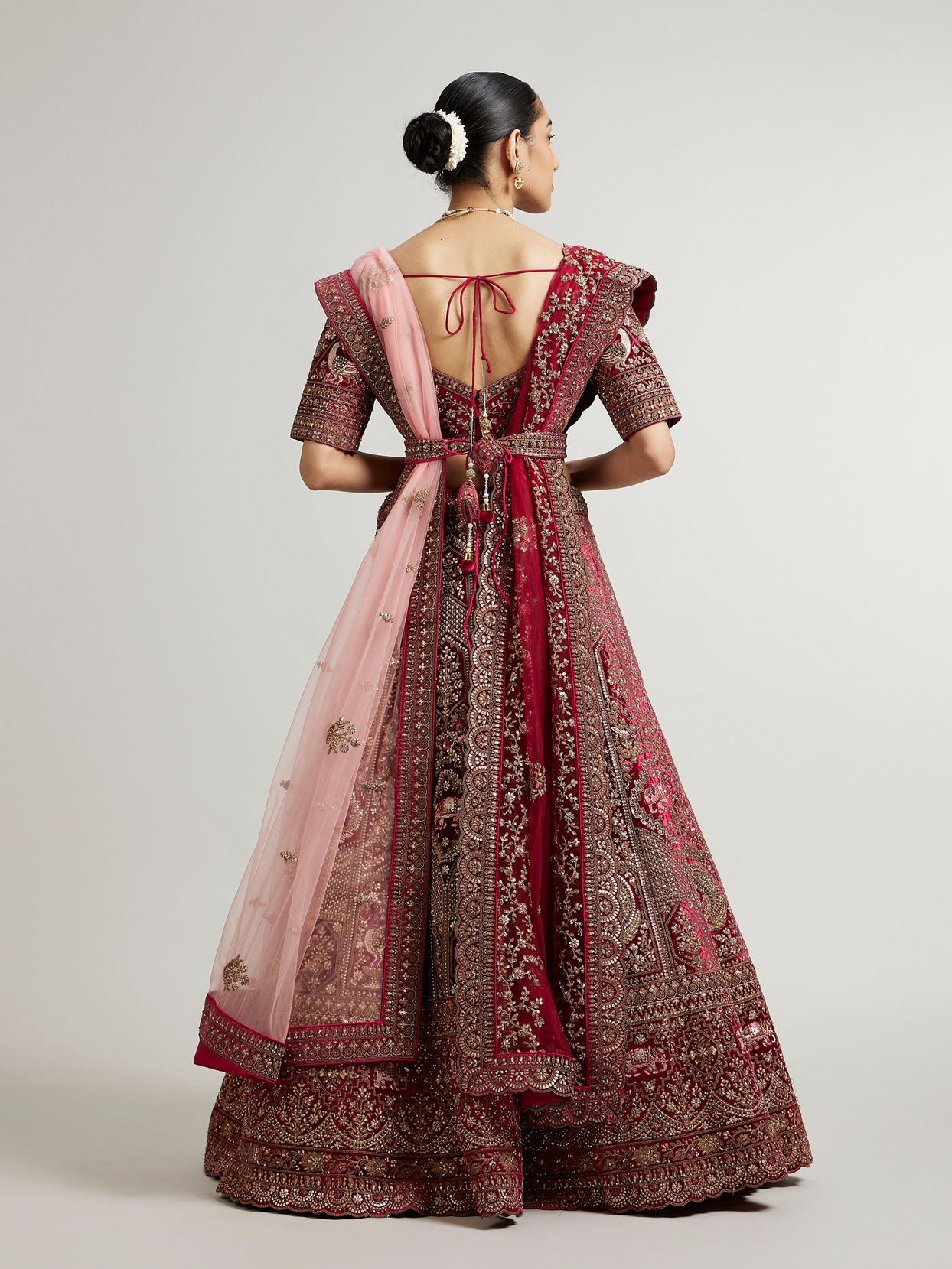 Mohey Women Maroon Red Bridal Aari Embroidered Lehenga with Imperial And Jaali Motifs