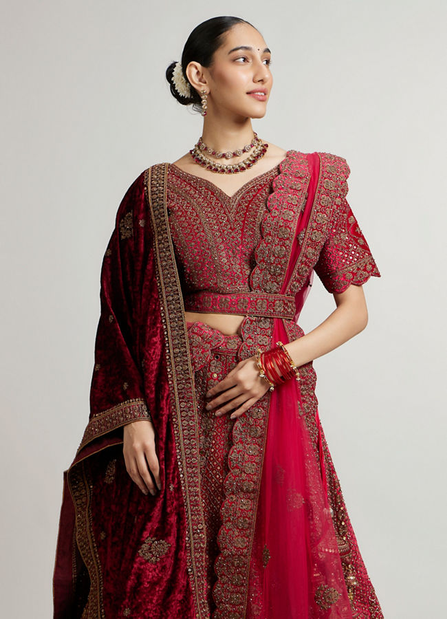 Mohey Women Rani Pink Zari Embroidered Lehenga with Sequin Work And Dual Dupattas