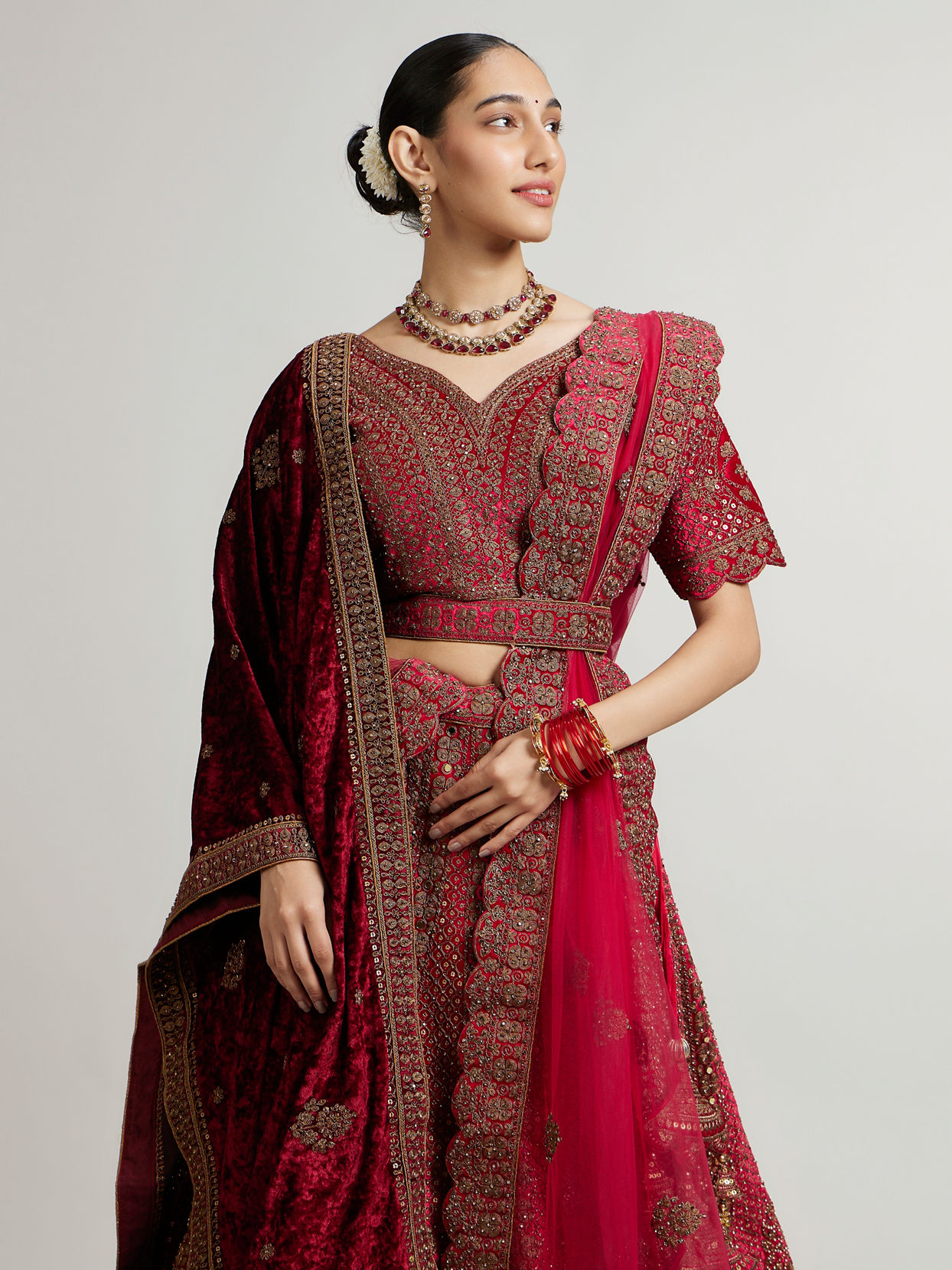 Mohey Women Rani Pink Zari Embroidered Lehenga with Sequin Work And Dual Dupattas