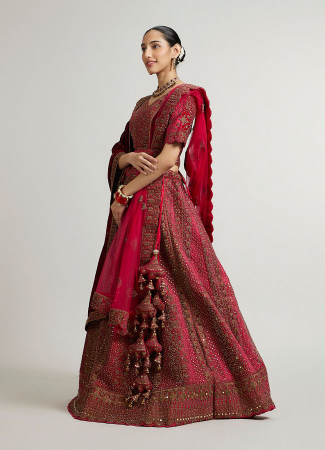 Mohey Women Rani Pink Zari Embroidered Lehenga with Sequin Work And Dual Dupattas