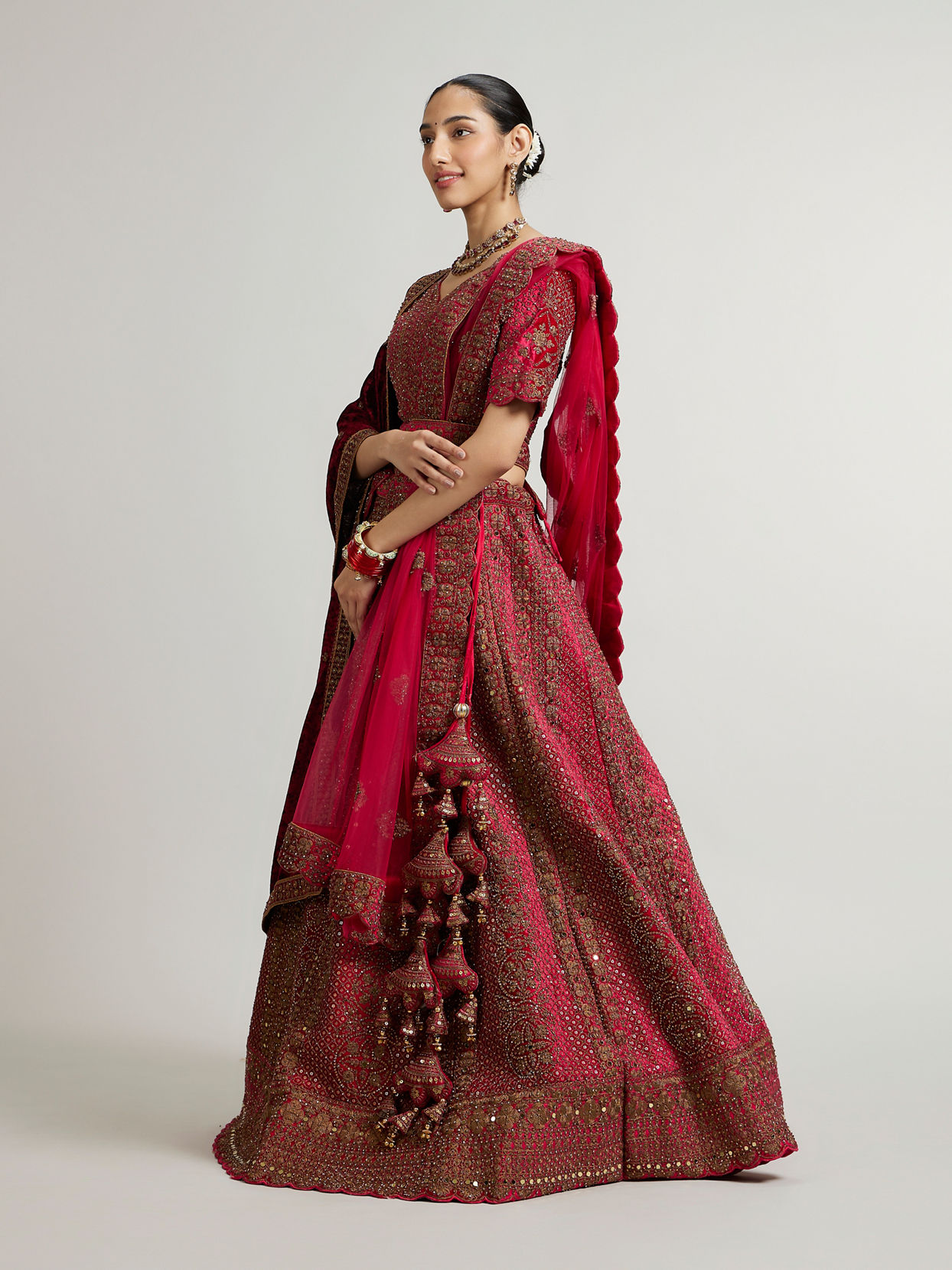 Mohey Women Rani Pink Zari Embroidered Lehenga with Sequin Work And Dual Dupattas