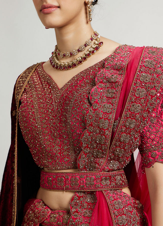Mohey Women Rani Pink Zari Embroidered Lehenga with Sequin Work And Dual Dupattas