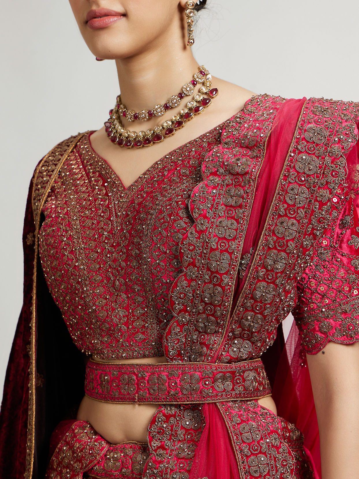 Mohey Women Rani Pink Zari Embroidered Lehenga with Sequin Work And Dual Dupattas