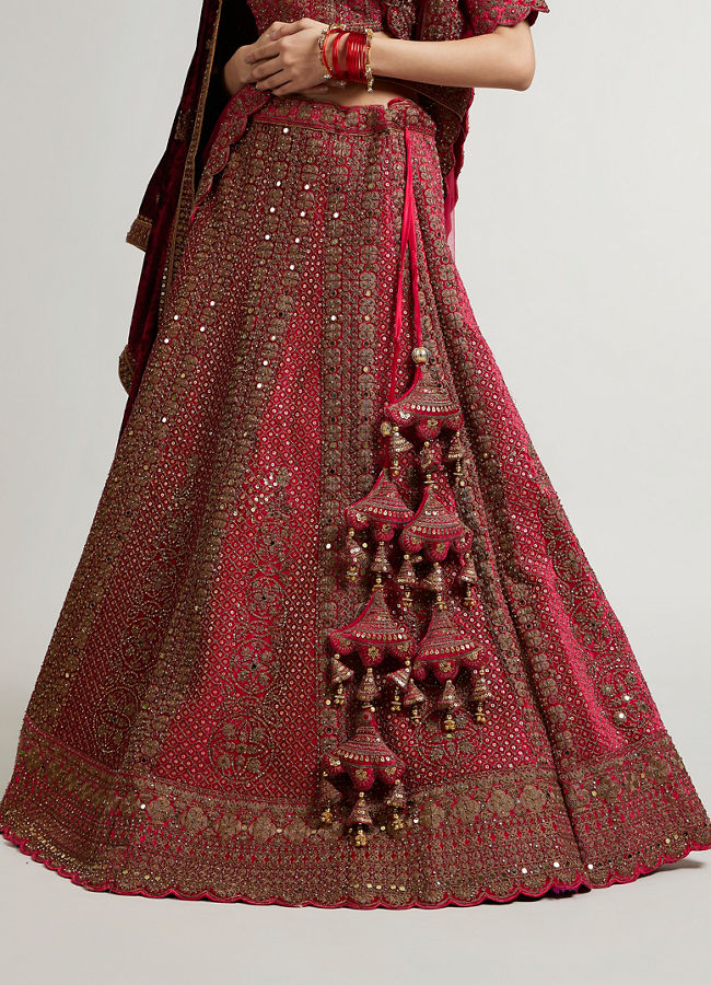 Mohey Women Rani Pink Zari Embroidered Lehenga with Sequin Work And Dual Dupattas