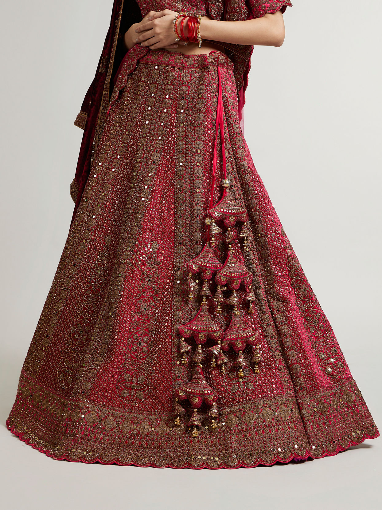 Mohey Women Rani Pink Zari Embroidered Lehenga with Sequin Work And Dual Dupattas