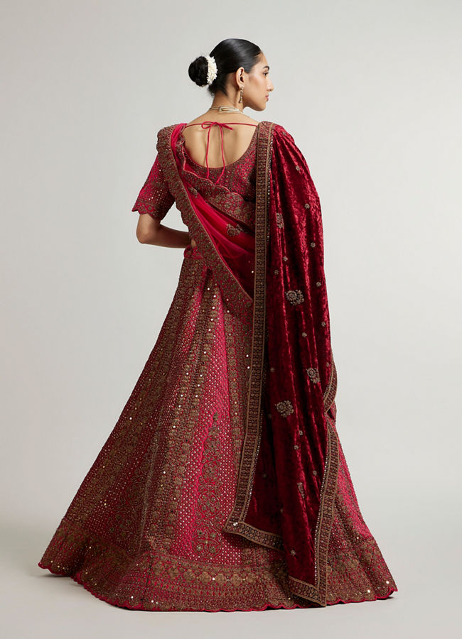 Mohey Women Rani Pink Zari Embroidered Lehenga with Sequin Work And Dual Dupattas