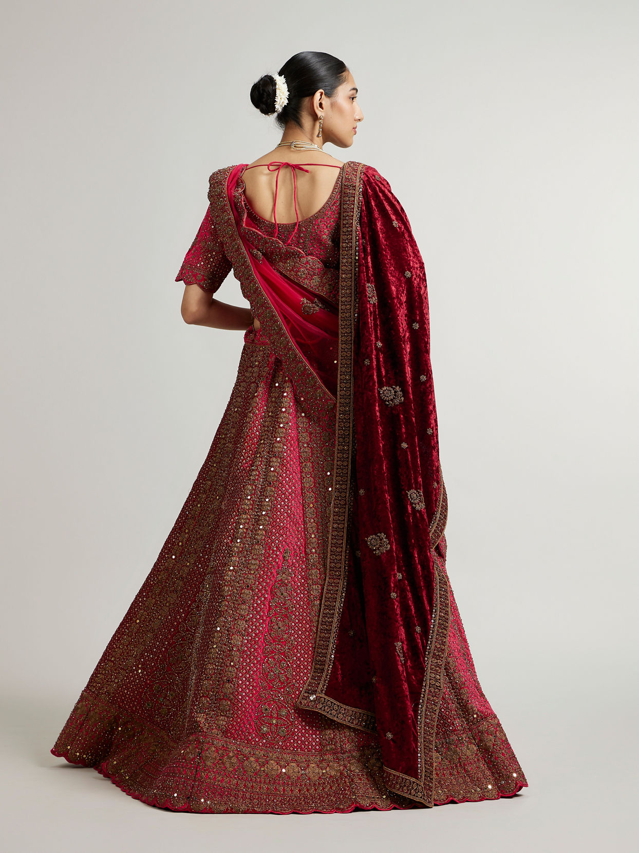 Mohey Women Rani Pink Zari Embroidered Lehenga with Sequin Work And Dual Dupattas