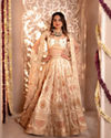 alt message - Mohey Women Dark Cream Paisley Leaf Patterned Lehenga image number 0