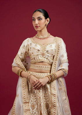 Mohey Women Dark Cream Paisley Leaf Patterned Bridal Lehenga