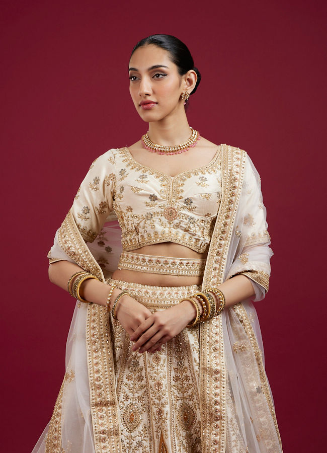 Mohey Women Dark Cream Paisley Leaf Patterned Bridal Lehenga