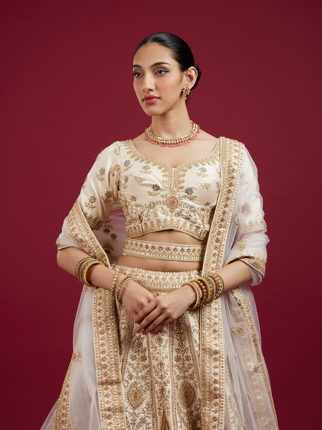 Mohey Women Dark Cream Paisley Leaf Patterned Bridal Lehenga