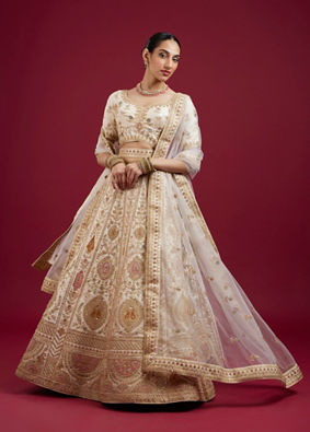Mohey Women Dark Cream Paisley Leaf Patterned Bridal Lehenga