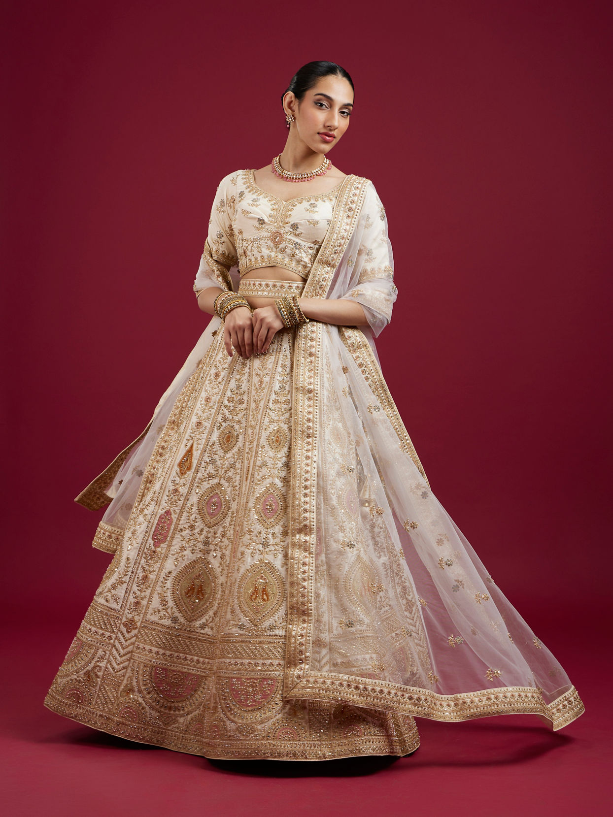 Mohey Women Dark Cream Paisley Leaf Patterned Bridal Lehenga
