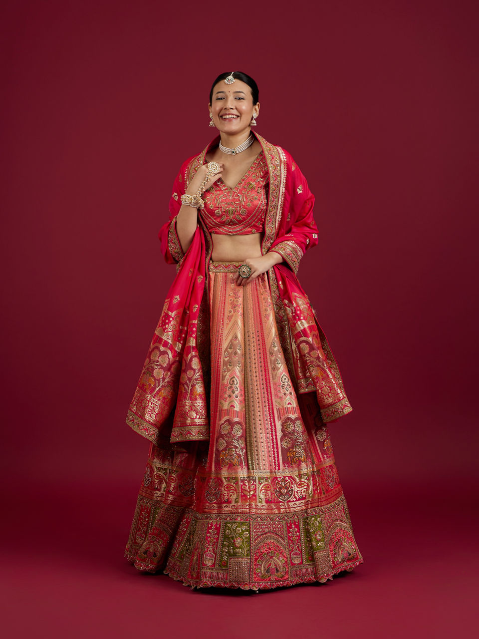 Mohey Women Carnation Pink Aari Embroidered Benarasi Lehenga