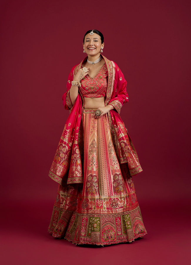 Mohey Women Carnation Pink Aari Embroidered Benarasi Lehenga
