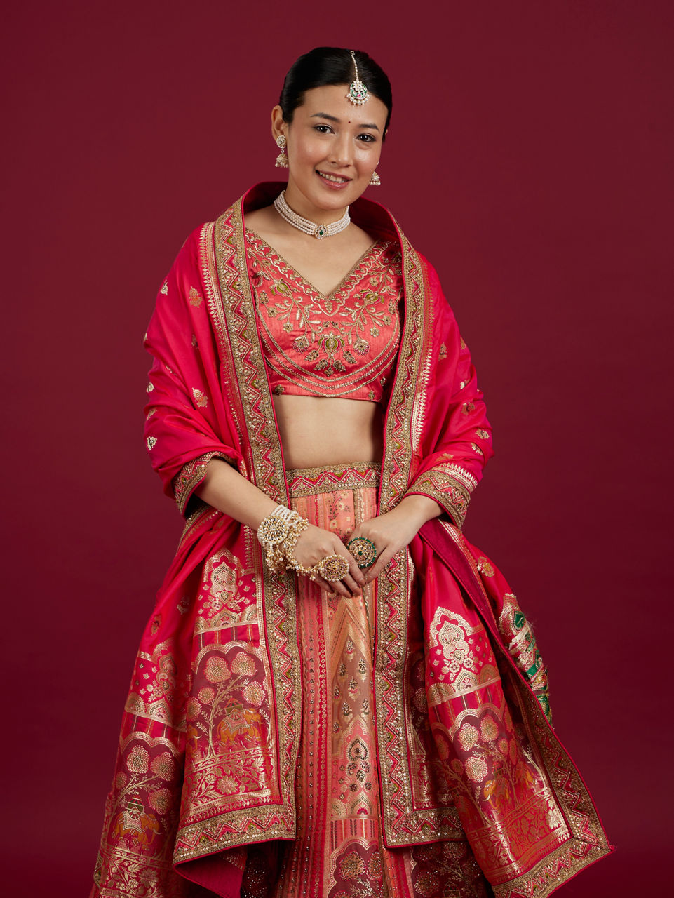 Mohey Women Carnation Pink Aari Embroidered Benarasi Lehenga