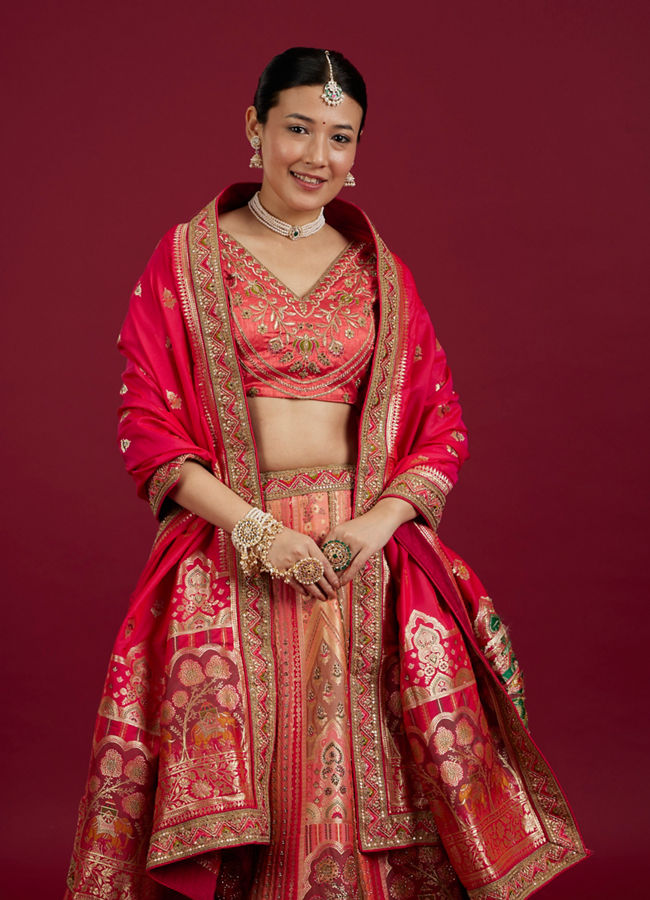 Mohey Women Carnation Pink Aari Embroidered Benarasi Lehenga