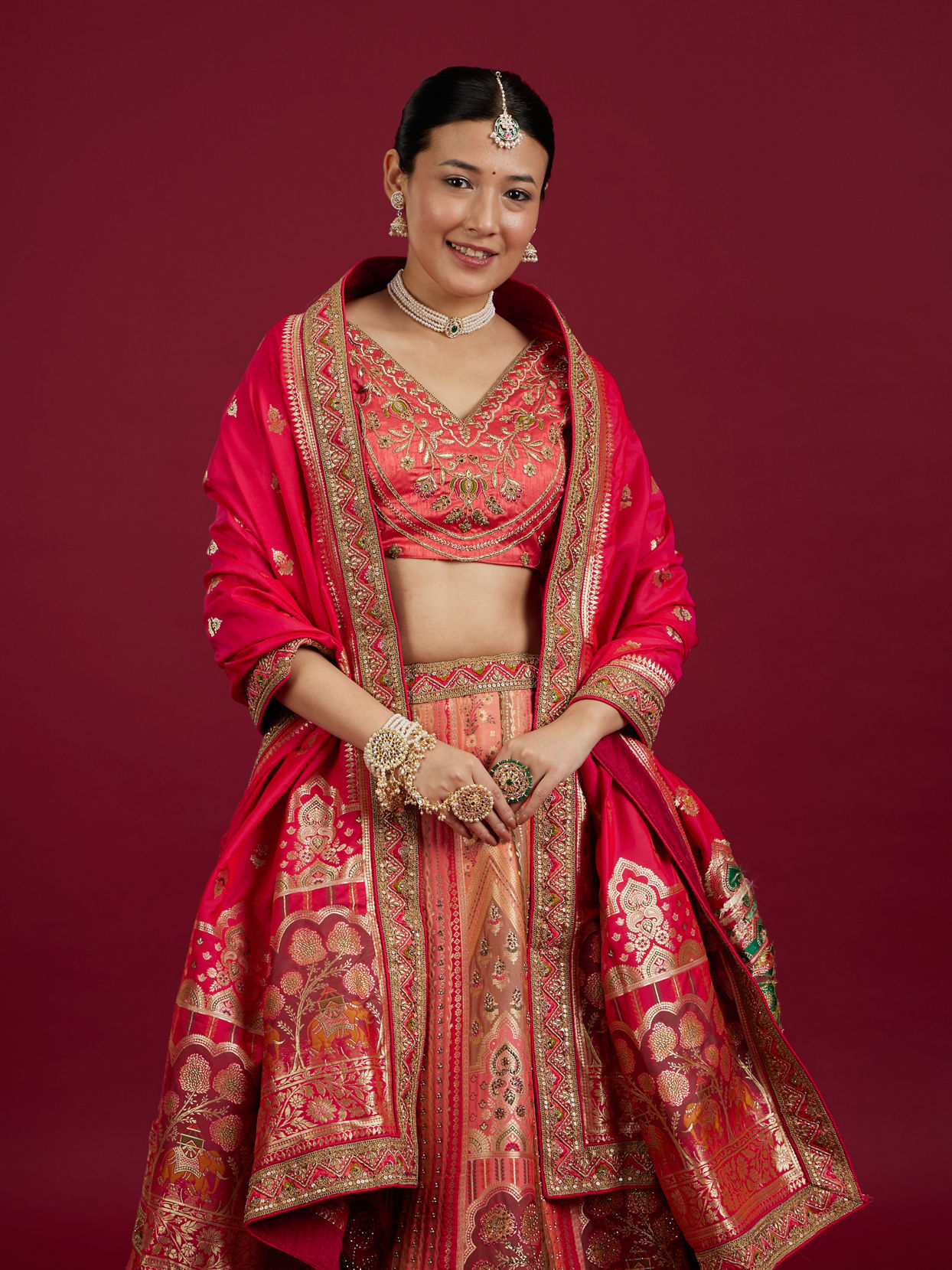 Mohey Women Carnation Pink Aari Embroidered Benarasi Lehenga