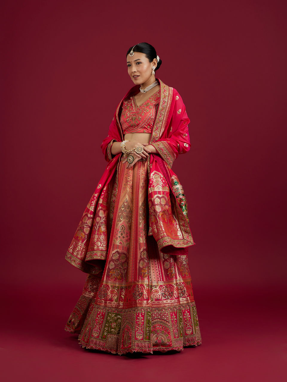 Mohey Women Carnation Pink Aari Embroidered Benarasi Lehenga