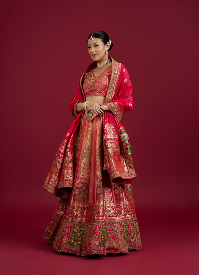 Mohey Women Carnation Pink Aari Embroidered Benarasi Lehenga