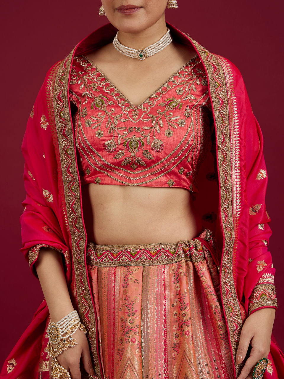 Mohey Women Carnation Pink Aari Embroidered Benarasi Lehenga