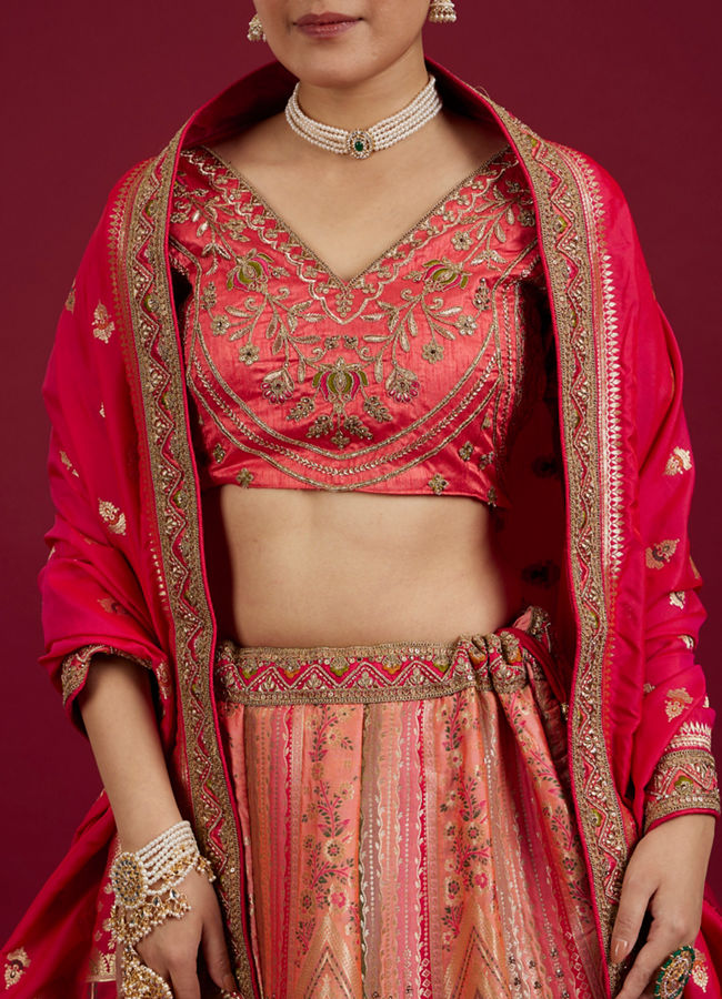 Mohey Women Carnation Pink Aari Embroidered Benarasi Lehenga