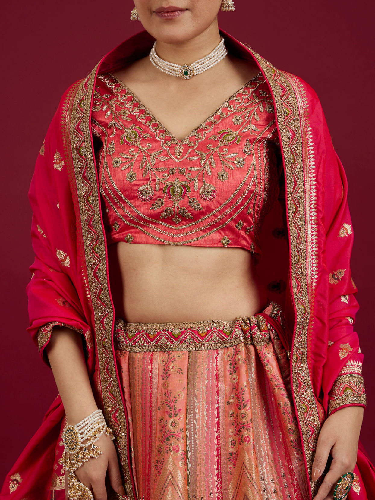 Mohey Women Carnation Pink Aari Embroidered Lehenga image number 3