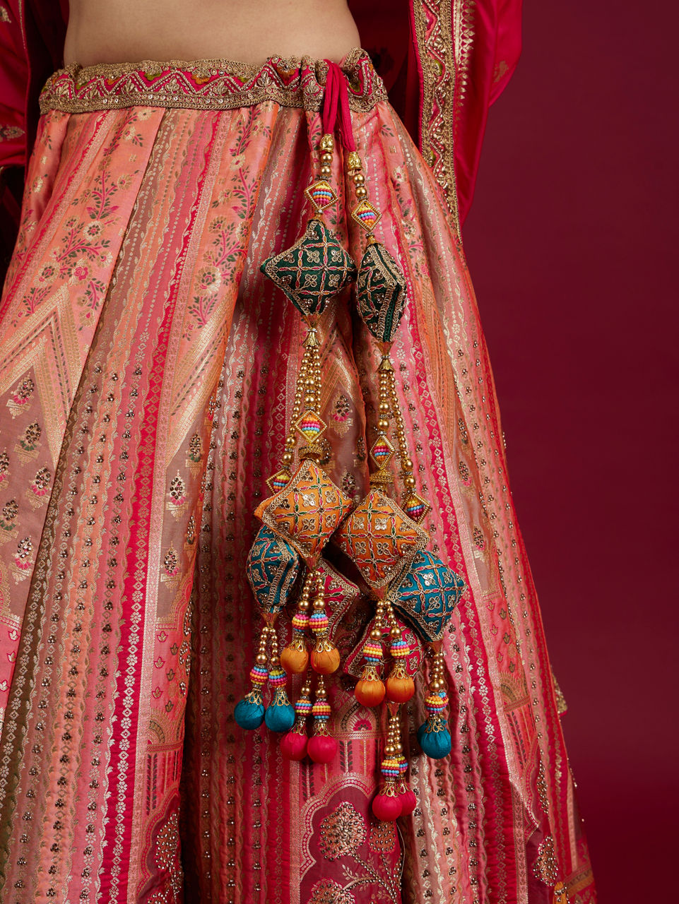 Mohey Women Carnation Pink Aari Embroidered Benarasi Lehenga