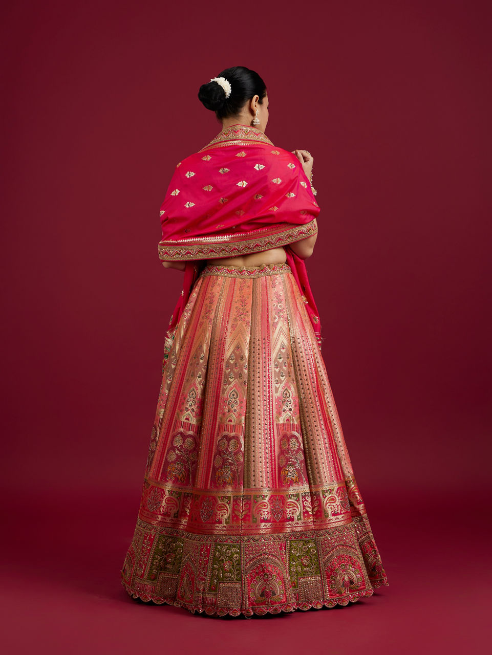 Mohey Women Carnation Pink Aari Embroidered Benarasi Lehenga