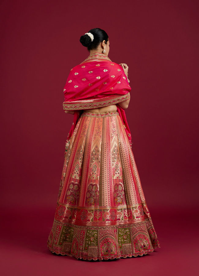 Mohey Women Carnation Pink Aari Embroidered Benarasi Lehenga