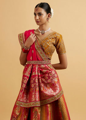 alt message - Mohey Women Orange and Pink Aari Embroidered Benarasi Lehenga image number 1