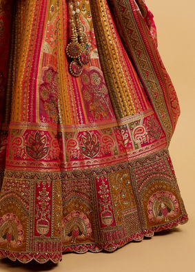 alt message - Mohey Women Orange and Pink Aari Embroidered Benarasi Lehenga image number 3