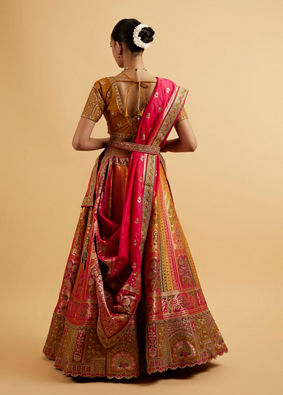 alt message - Mohey Women Orange and Pink Aari Embroidered Benarasi Lehenga image number 4