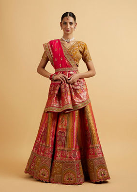 alt message - Mohey Women Orange and Pink Aari Embroidered Benarasi Lehenga image number 0