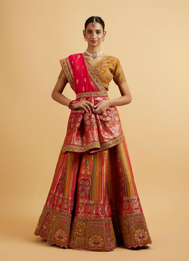 alt message - Mohey Women Orange and Pink Aari Embroidered Benarasi Lehenga image number 0