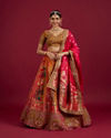 Mohey Women Orange and Pink Aari Embroidered Benarasi Lehenga image number 0