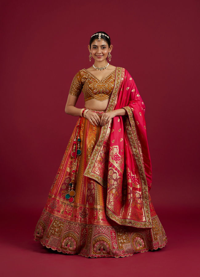 Mohey Women Orange and Pink Aari Embroidered Benarasi Lehenga image number 0