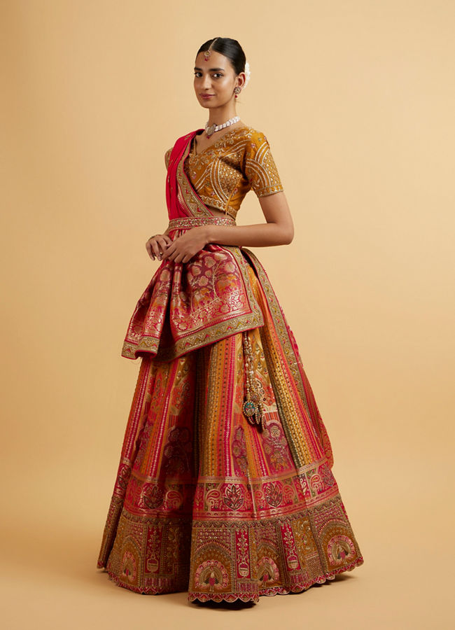 alt message - Mohey Women Orange and Pink Aari Embroidered Benarasi Lehenga image number 2