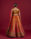 Mohey Women Orange and Pink Aari Embroidered Benarasi Lehenga
